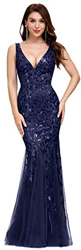 Ever-Pretty Damen Abendkleid Meerjungfrau Pailletten Tüll V Ausschnitt lang Navy blau 36