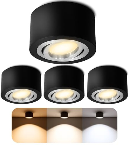 SSC-LUXon LANTI Aufbauspot 4er Set schwarz dimmbar 6W 3 Lichtfarben | Vier dimmbare Deckenstrahler schwarz im Set für Wohnzimmer, Küche & Flur - warm / neutral / kalt, schwenkbar, Aufputz 230V