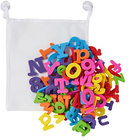 THE TWIDDLERS 100 Stück Buchstaben (Groß & Klein) & Zahlen Badespielzeug & Lernspielzeug mit Aufbewahrungstasche für Babys & Kleinkinder