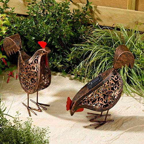 Garden Mile Solar Powered Silhouette Hen Lights Bronze Effect Metal LED Garden Animal Hens Sculptures Waterproof Lighting Outdoor Garden Scroll Effect Ornaments Set of 2