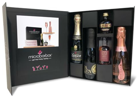 MicroBarBox Champagne & Prosecco Gift Set in a Premium Luxury Gift Box | Champagne Gift Set | featuring Lanson Black Label Brut NV, Bottega Poeti Rosé Prosecco, Da Luca Prosecco & fruit liqueurs