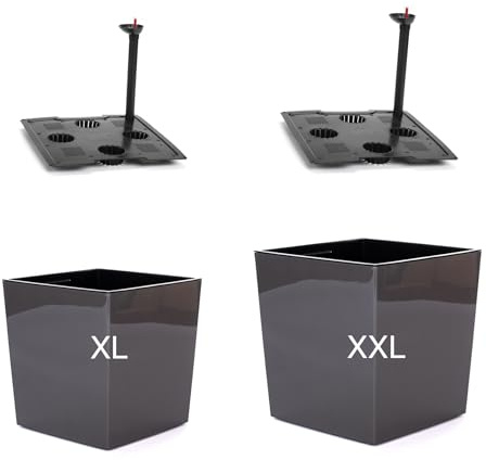 MELTOM Blumentopf Selbstbewässerungstopf 2er Set Eckig 29+38,5 cm Anthrazit | Hochglanz-Optik, Wasserstandsanzeiger, herausnehmbarer Einsatz, Gefäße 21 & 53 L, Einsätze 16,5 & 40 L, innen & außen