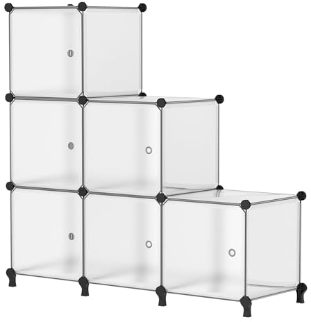 AWTATOS Organizer a cubo con ante, in plastica, con 6 cubi, impilabile, modulare, ideale per camera da letto, casa, soggiorno, colore: bianco traslucido