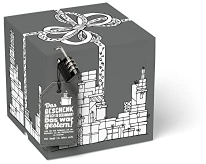 SURPRISA Rätselbox | Geldgeschenke Verpackung, Gutscheine zum Geburtstag oder Hochzeit | große Geschenkbox Geschenkrätsel, grau | Große Geschenkbox mit Schloss, Geschenkkarton aus festem Karton für alle Anlässe, Geschenk-Motiv grau, Größe M (17 cm)