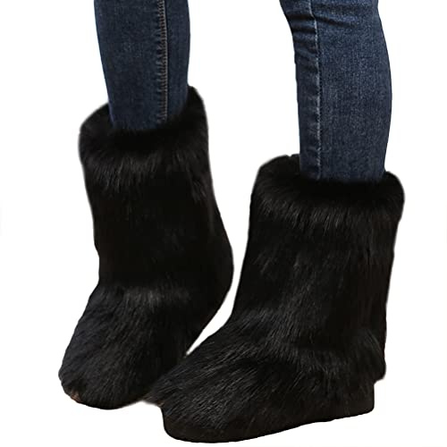 Minetom Bottines Femmes Neige Bottes l'hiver Plats Neige Chaude Fausse Fourrure Bottes Tie-Dye L'Extérieur Chaussons A Noir 42 EU