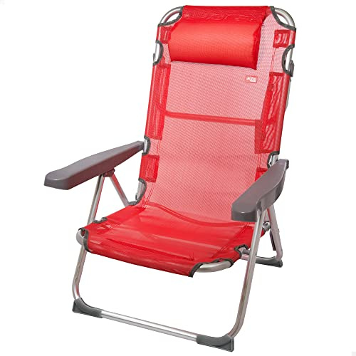 Aktive 62634 - Liegender Klapp-Strandstuhl | Klappstuhl mit Kissen | 5 Positionen, Farbe Rot, mit Tragegriff, 48x60x90 cm | Leichte, klappbare Strandstühle
