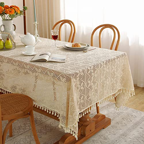 Freyamy Tischdecke Handarbeit Gehäkelte Aushöhlen Schmetterling Tischdecken mit Quaste Baumwolle Leinen Tischwäsche Vintage Häkelspitze Tischtuch Tischbedeckung Tischdekoration (100x140cm)