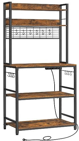 VASAGLE Küchenregal, Standregal mit Steckdosen, Mikrowellen-Regal, mit Gitterplatte, 14 Haken, 40 x 80 x 170 cm, vintagebraun-schwarz KKS025B01EU