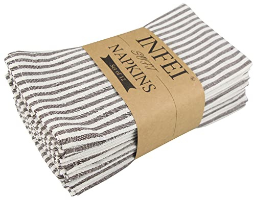 Vanliga randiga bomullslinne blandade middagsservetter – set med 12 (40 x 30 cm) – för evenemang och hemmabruk (brun)