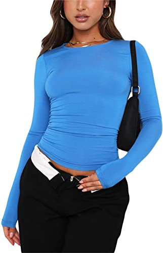 KUKEYIEE Top da Donna Basic Maniche Lunghe Slim Fit Crop T-Shirt Y2K TikTok Crop Club Party E-Girls Streetwear (Blue, M)