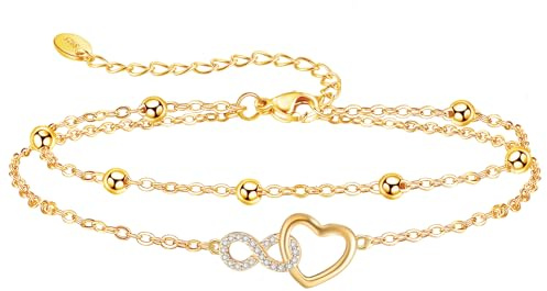 Jbniuay Bracelet de Cheville en Argent Sterling 925 - Chaîne Réglable 23 + 5 cm pour Femme - Cadeau pour Maman/Mère, 26 Centimeters, Argent Sterling (Or)
