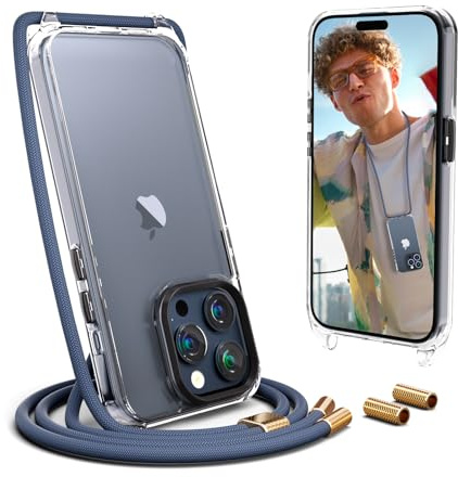 UYMO Handykette Hülle mit Band Für iPhone 15 Pro 6.1 -Necklace Transparent Handyhülle Case mit Strap Schnur Abnehmbar, Schutzhülle zum Umhängen Kordel, Blau