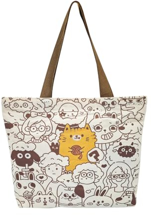 FuninCrea Jutebeutel Bedruckt Vintage, Stoffbeutel Bedruckt Übergröße Baumwolltasche Bedruckt mit Reißverschluss, Tragetasche Canvas Einkaufstasche mit Innentasche, für Shopper, Alltag (Wildtiere)