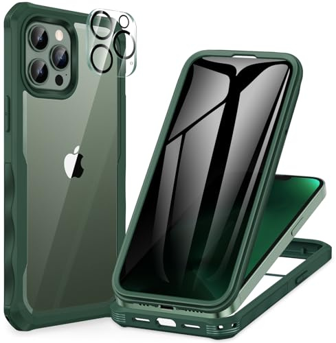 CENHUFO Sichtschutz Hülle für iPhone 13 Pro Max, mit Eingebautem Privacy Panzerglas Displayschutz und Kameraschutzfolie 360 Grad Handyhülle Schutzhülle Stoßfest Bumper Anti Spy Cover Case - Grün