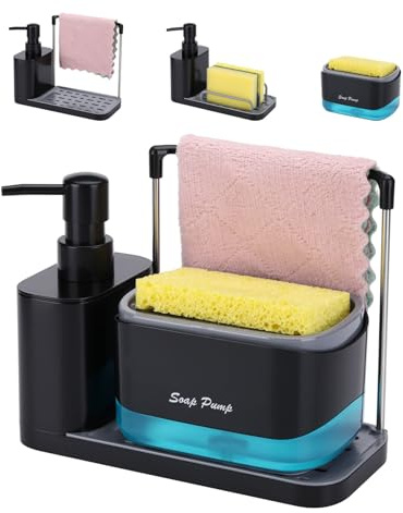 GINZER Dish Soap Dispenser Kitchen Set,4-in-1 Kitchen Cleaning Tool Organizer, Dish And Hand Soap Dispenser for Kitchen Equipped with Sponge and Dishcloth Holder, Kitchen Sponge Holder-Black