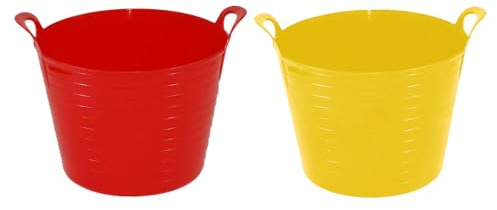 [RED + YELLOW] - 42L Litre Multipurpose LARGE Flexible Bucket Laundry Basket/Toy Tub Polyethylene Water Storage Container Animal Feeding Tub - Made in UK