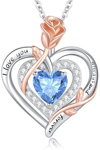 LAVUMO Collar Mujer Plata 925 Doble Corazón Rosa Flor Cadena Piedra Natal Collares Día de la Madre Cumpleaños San Valentín Navidad Joyas Regalos para Mujeres Novia (Plata-Grabado-12-Diciembre)