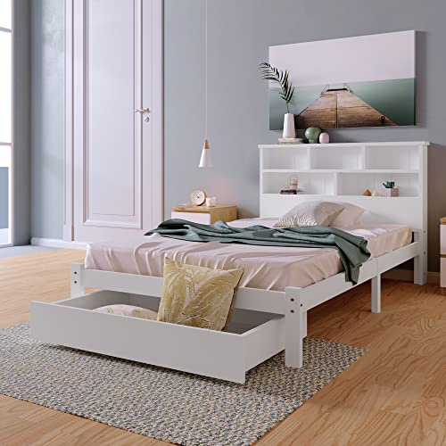 Merax Kinderbett 90x200cm, Massivholz Einzelbett mit Schubladen und Bücherregal, Bettrahmen mit Lattenrost und Stauraum Kopfteil, praktischer Bett für Jugendliche und Erwachsene, Ohne Matratze, Weiß