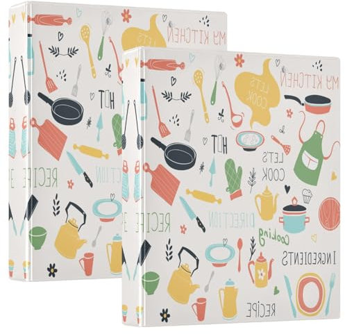 Quteprint 3-Ringbuch, Küchen-Icon-Sets, Rezept, 3,8 cm, runder Ringordner mit 3 transparenten Innentaschen, Ordner-Organizer mit Klemmbrett für Büro, Zuhause, Schule, hält 200 Blatt, 2 Packungen