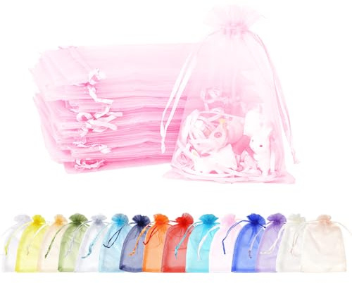 MORAINJAY Presentpåsar, 100 små rosa organza-presentpåsar, 7 x 9 cm, smyckespåsar för bröllop med dragsko, godispåsar för fest, födelsedag, bröllop, jul, presentförpackning