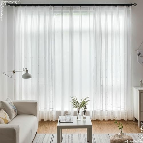Beydodo Vorhänge Weiß 2er Set mit Haken 137x214CM, Gardinen für Schienensystem Nordisch Stickerei mit Gepunktet Motiv Gardinenschals Polyester Halbtransparent für Wohnzimmer Schlafzimmer Küche