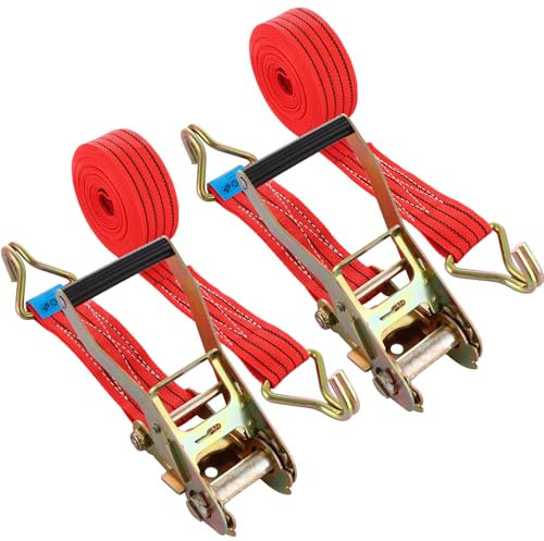 AHAQU 2PCS Heavy Duty Ratchet Straps, 50mm x 6m Ratchet Tie Down Straps, 4400lb Break Strength, Adjustable Lashing Strap with Handle and Metal J Hook for Motorcycle, Cars, Trucks- Red