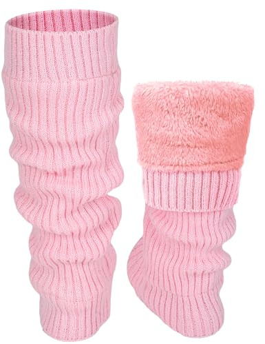 Shihanee Winter Fleece Lined Leg Warmers for Women Knit Long Leg Warmers Warm Fleece Lined Boot Socks for Skating Daily Wear(Pink,Vertical Stripes)