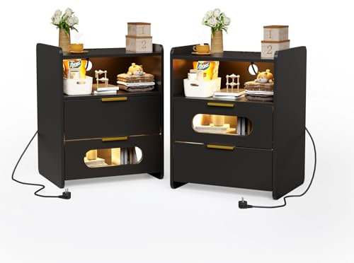 Lvhecforhm Nachttisch mit Steckdose 2er Set, Schwarz Nachttische Led Einstellbare Farben, Nachtschrank mit USB-Anschlüssen, Nachttisch mit 2 Offene Fächer, Nachttische mit 2 Schubladen 50x40x64cm