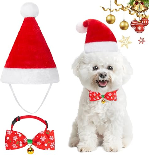 MELLIEX 2 Stück Weihnachten Hundekostüm, Hunde Katzen Weihnachtsmützen und Schneeflocken-Fliege Weihnachtskostüm Zubehör Set für Haustier