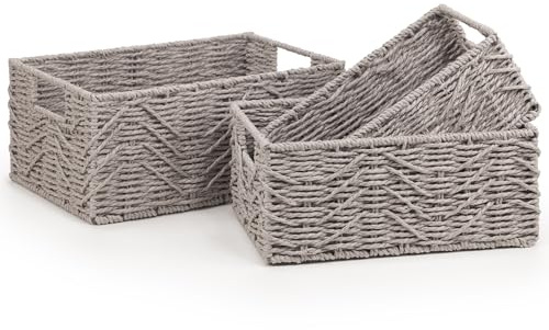 woodluv Woven Wicker Storage Baskets, Paper Rope Storage Boxes, Drawer Closet Shelf Dresser Basket, Storage Baskets for Shelves, Set of 3, Grey
