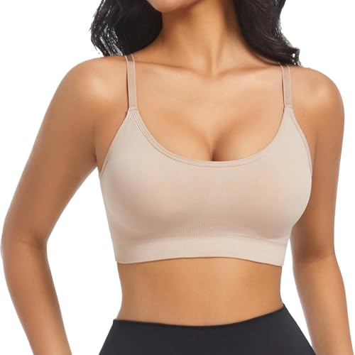 ONEW Dam-bh utan bygel med spagettiremmar vadderad push up underkläder behå yoga bh sömlös Cami bustier topp, Beige, M