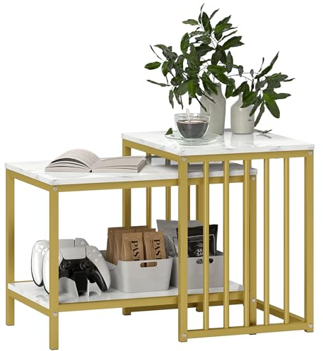 HOMCOM Modern Coffee Table Set of Two Marble-Effect Steel Frame Gold Tone | Nesting Side Tables, for Living Room