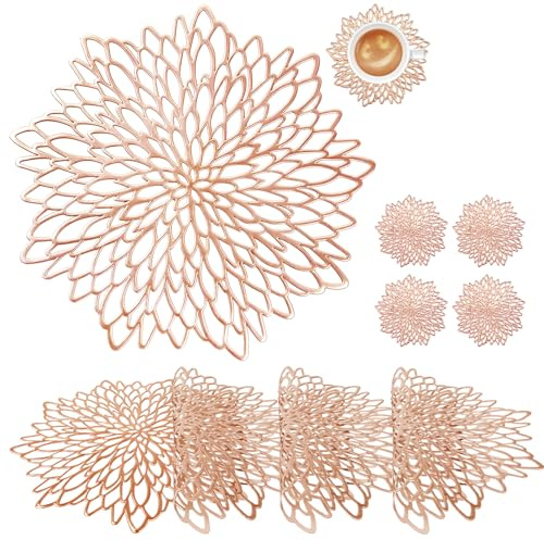 wiipara 4er Set Platzsets Tischsets Abwaschbar, Moderne Platzdeckchen Rund, Weihnachten Dekorative Tischunterlage Esstisch Platzteller Platzset Rund für Zuhause Hochzeit (Rosa-Gold, mit Untersetzer)