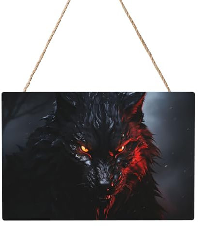 Holzkreise zum Basteln, 20,3 x 30,5 cm, Holzscheiben, großer schwarzer Wolf mit roten Augen, Holz-Türhänger, zum Aufhängen, rechteckige Holzscheiben mit Bindfaden, Holzornament für Schild, Türhänger,