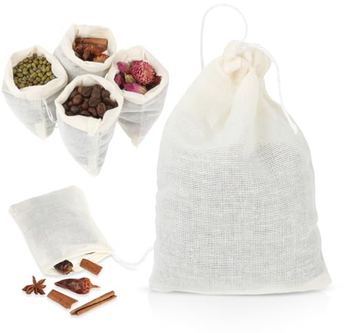 QFGasre 24pcs Spice Bags for Cooking, Drawstring Bags 3.94x3.14 Inch Drawstring Pho Soup Muslin Empty Tea Bags Reusable Tea Filter Cheesecloth Bags for Straining Coffee Soup Cooking