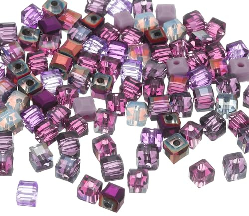 QUARKZMAN 100 Stück Kristallperlen zum Auffädeln, 4mm Quadratische Glasperlen Facettiert Lose Klein Perlen für Armbänder Selber Machen Halskette Ohrring DIY Schmuckherstellung(Lila Serie)