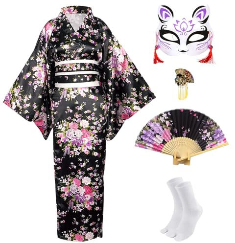 CRFASIBE 5 Pezzi Kimono Giapponese Donna Lungo, Kimono in Stile Yukata con Stampa Sakura, Set Completo con Accessori per Cosplay, Cerimonia, Carnevale e Fotografia(Nero)