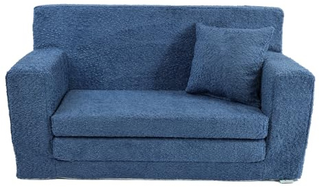 FORTISLINE Kindersofa aus Teddy-Stoff, ausklappbar, 83x43x47 cm, Kindercouch aus Schaumstoff mit abnehmbarem Bezug, Oeko-TEX, hergestellt in der EU, Blau