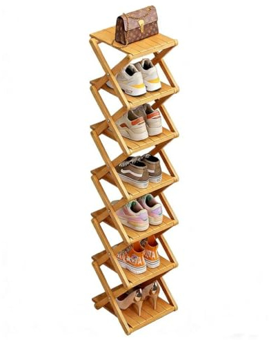Scarpiera in Bambù - Non Richiede Assemblaggio, Organizer per Scarpe Alto e stretto Pieghevole, Scaffale Multifunzionale per Ingressi, Camere da Letto, Balconi, 7 Ripiani (Ispessito e Rinforzato)
