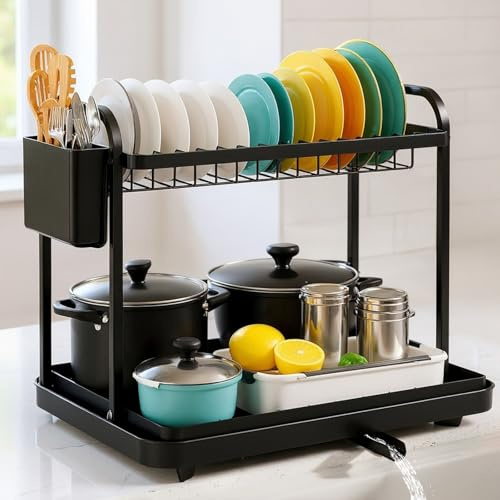 Focenat Escurreplatos de acero inoxidable, escurreplatos de 2 niveles, con soporte para utensilios, para encimera de cocina, estante para fregadero, color negro