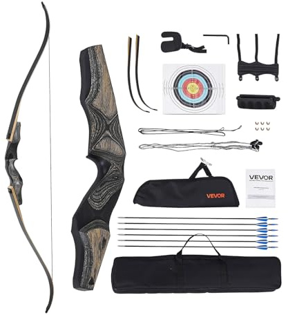 VEVOR Kit de Arco y Flechas Recurvos Desmontables de Madera, para Entrenamiento de Tiro al Aire Libre, Práctica de Caza, de Principiante a Avanzado, 1524 x 165 x 50 mm, Peso de Tiro 15,88 kg