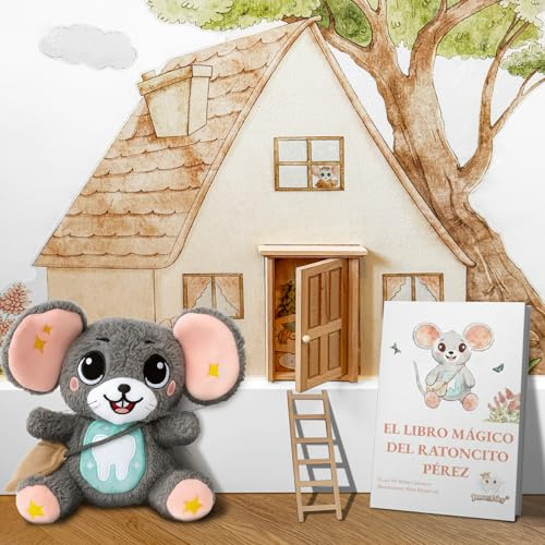 Perez&Fairy Puerta Ratoncito Perez que se Abre | Con Vinilo de Pared, Escalera de Madera y Peluche Raton Pequeño | Kit Casita Ratoncito Perez con Libro de Cuentos y Certificado | Regalo Niño y Niña