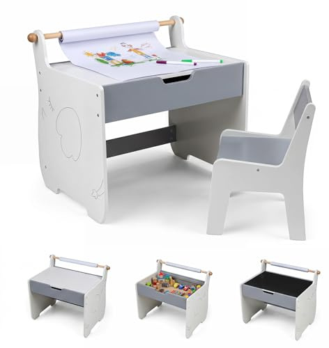 COSTWAY Kindertisch mit Stuhl, 3 in 1 Kindersitzgruppe aus Holz mit wendbarer & abnembarer Tischplatte, Kinder Maltisch mit Stauraum & Papierrollenhalter, Sitzgruppe für Kinder ab 3 Jahren (Grau+Weiß)