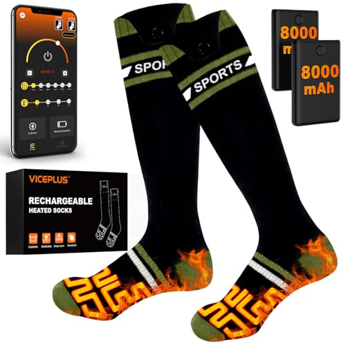 VICEPLUS Calcetines Calefactables, Calcetines Termicos 8000mAh Recargable con APP Control, 360° Calefacción Electricos Calcetines Calefactables Mujer y Hombre para Esquí(Verde Negruzco)