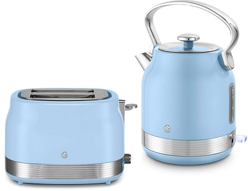 Swan Retro Revive Blue Traditional 1.7L 3KW Kettle & 2 Slice Toaster. Stovetop Inspired Design Kettle & Toaster Matching Retro Design Kitchen Electrical Set in Blue