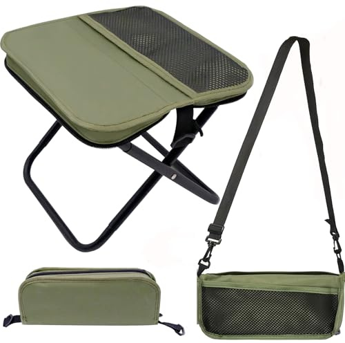 HVIHWI Taburete de Camping Plegable, Silla Plegable, Pequeña y Portátil, Taburete Plegable para Camping con Correa para Hombro, Pesca,Verde Silla de Camping Ligera para Exterior,Ocio,Viajes,28*26*24cm