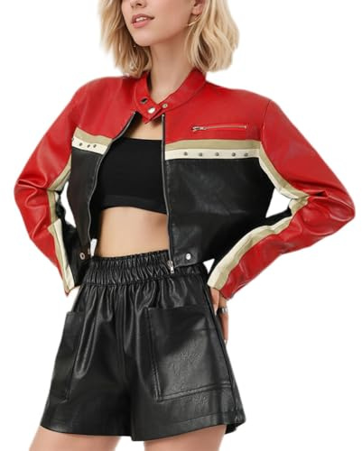 HotYou Chaqueta de Cuero Sintético para Mujer Abrigo Corto de Motociclista de Otoño Cazadora Biker Elegantes Blazer,Rojo,S