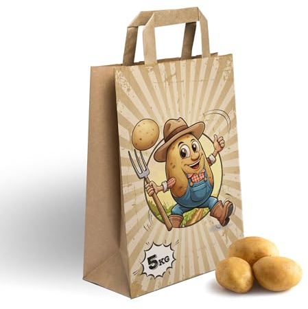 750 Papiertragetaschen | 5kg | Papiertaschen | Fröhliche Knolle | Kartoffeln | Papiertüten | Flachhenkel | Ökobeutel | Papierbeutel