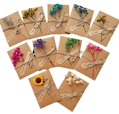 Tarjeta de Felicitación,10 PCS Tarjetas Postales Decoradas con Flores Secas,Tarjetas de Felicitación en Blanco de Papel Kraft Retro para Cumpleaños,Bodas,Navidad y Saludos de Festivales (10x7cm)