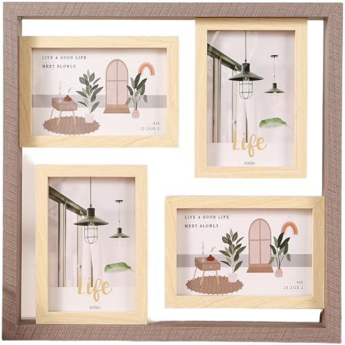 Cornice portafoto in legno con 4 fessure per foto da 15,2 cm, versatile montaggio a parete e scrivania, arredamento contemporaneo per casa e giardino (B)